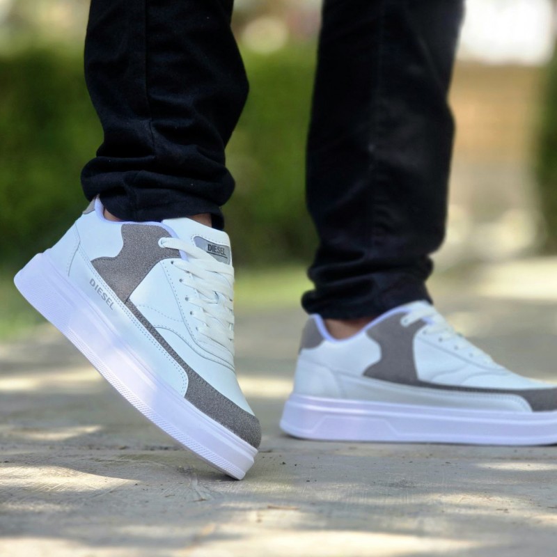 فروش واقعی  کفش کتونی اسپرت  ونس مردانه مدل دیزل Diesel  زیبا و نرم رنگ سفید طوسی با ارسال رایگان