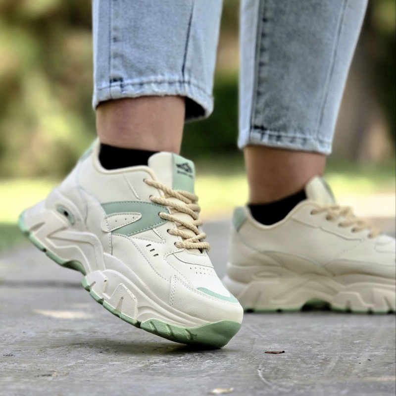 حراج فوق العاده کفش کتونی دخترانه و زنانه مدل فشیون شیک و پرفروش رنگ کرم سبز با ارسال رایگان