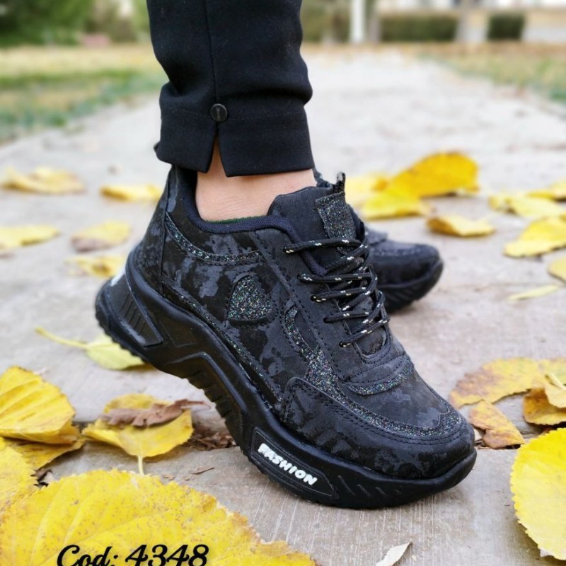 کفش کتونی اسپرت زنانه دخترانه مدل پتینه لمه قلبی لژدار زیره پیو مشکی جدید 4348   با ارسال رایگان