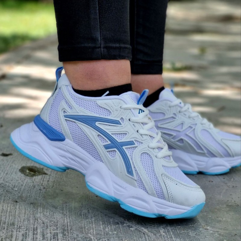 حراج ویژه کفش اسپرت دخترانه مدل اسیکس خاص و بی نظیر سفید ابی با ارسال رایگان