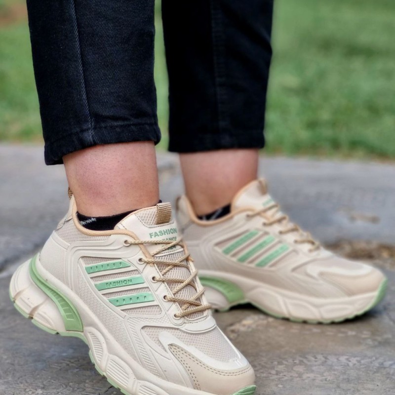 حراج ویژه  کفش اسپرت دخترانه مدل اسیکس زیره پیو طبی راحت و سبک رنگ کرم سبز شیک و زیبا با ارسال رایگان