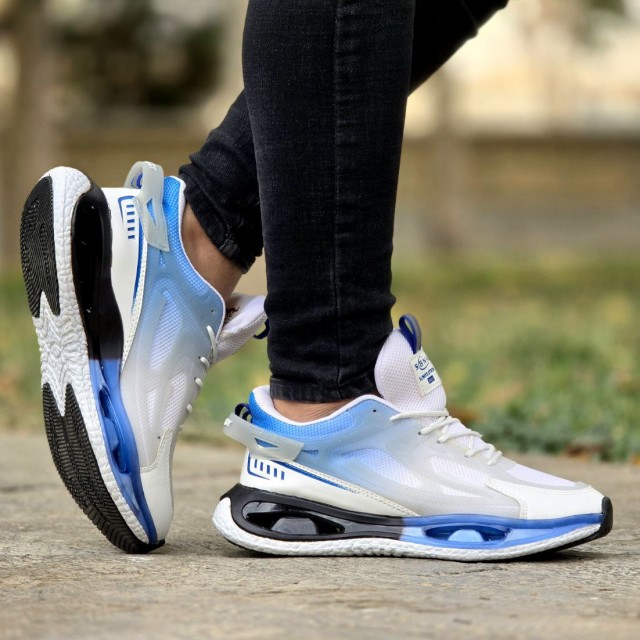 حراج جدید کفش کتونی اسپرت مردانه و پسرانه مدل نایک زیره کپسولی  رنگ سفید آبی فوق العاده شیک و جذاب  با ارسال رایگان