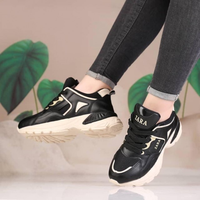 تخفیف جذاب کفش اسپرت لژدار دخترانه زنانه مدل ZARA جدید و پرفروش رنگ  مشکی کرم باارسال رایگان