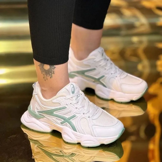 فروش خاص کفش کتونی اسپرت زنانه دخترانه مدل اسیکس کاملا با دوام و با کیفیت رنگ سفید سبز باارسال ریگان