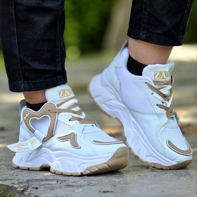 حراج ویژه کفش کتونی اسپرت زنانه دخترانه قلبی مدل زارا zara جذاب و بادوام رنگ سفید قهوه ای باارسال رایگان