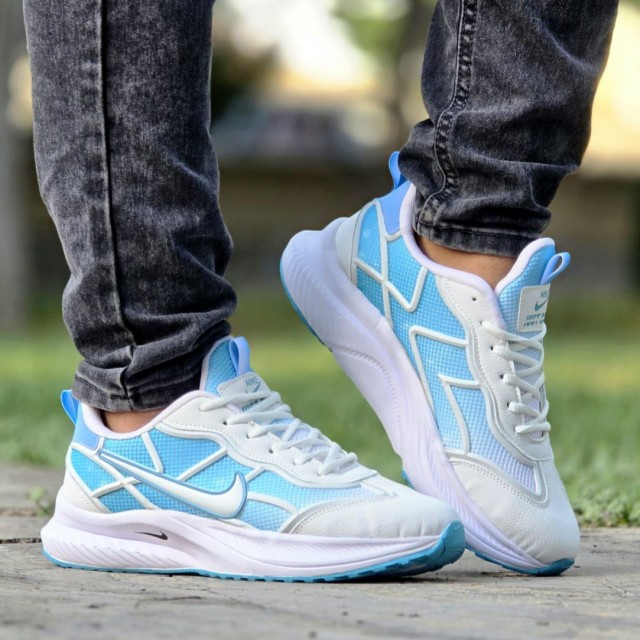 فروش فوق العاده کفش کتونی اسپرت مردانه و پسرانه مدل نایک جدید و به روز رنگ سفید آبی با ارسال رایگان