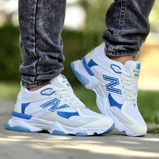 حراج ویژه کفش کتونی اسپرت مردانه و پسرانه مدل  نیوبالانس 9060 بی نظیر رنگ سفید آبی با ارسال رایگان