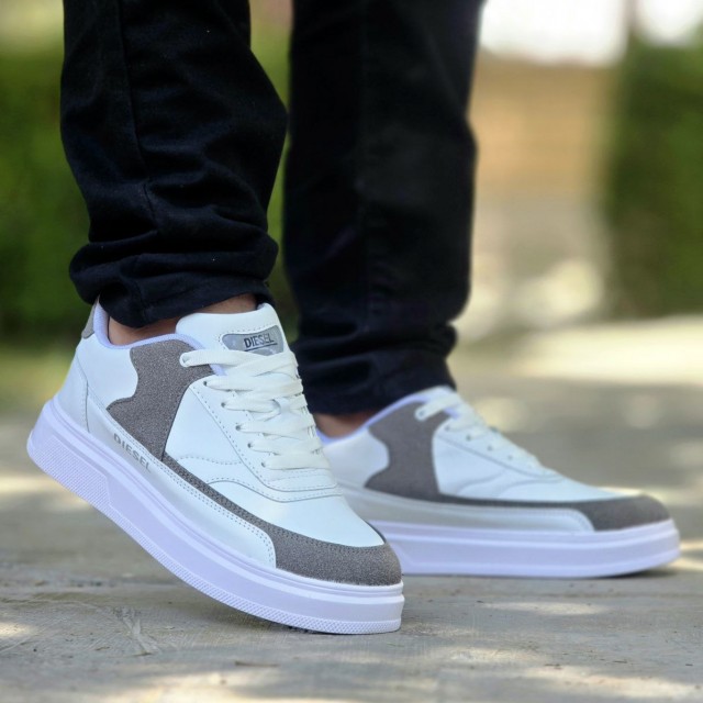 حراجی  کفش اسپرت ونس مردانه پسرانه مدل دیزل Diesel  جدید و جذاب رنگ سفید طوسی با ارسال رایگان