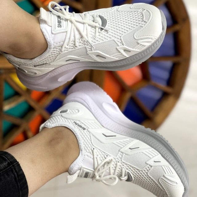 کفش کتونی اسپرت زنانه دخترانه مدل فشیون پختی سفید طوسی 4282