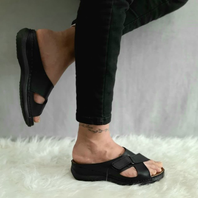 حراج ویژه این هفته دمپایی صندل زنانه دخترانه  طبی دور دوخت چسبی مشکی