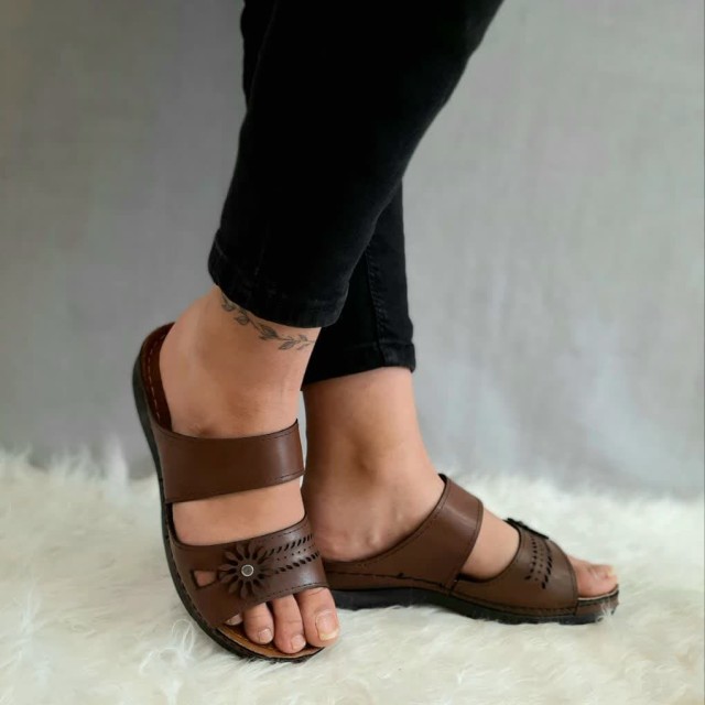 حراج ویژه این هفته دمپایی صندل زنانه دخترانه  طبی دور دوخت گلدار عسلی عسلی