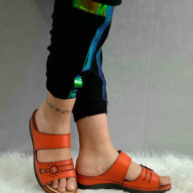 حراج ویژه این هفته دمپایی صندل زنانه دخترانه  طبی دور دوخت گلدار نارنجی نارنجی