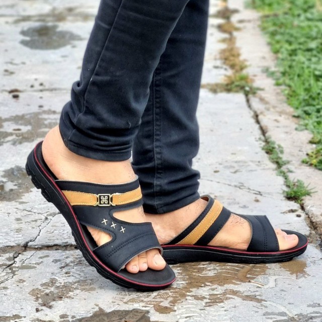 حراج محدود دمپایی صندل  مردانه پسرانه مدل رویه سگک مشکی خردلی با ارسال رایگان