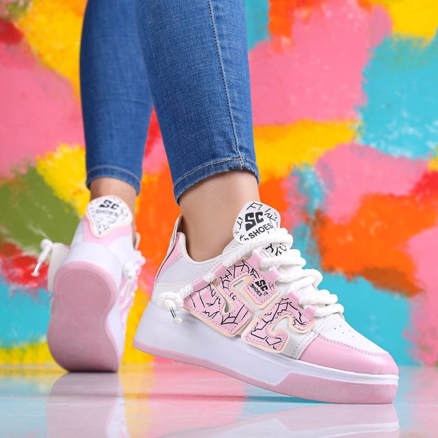 حراج ویژه کفش کتونی اسپرت دخترانه جدید مدل  CS کیوت و جذاب  سفید صورتی با ارسال رایگان