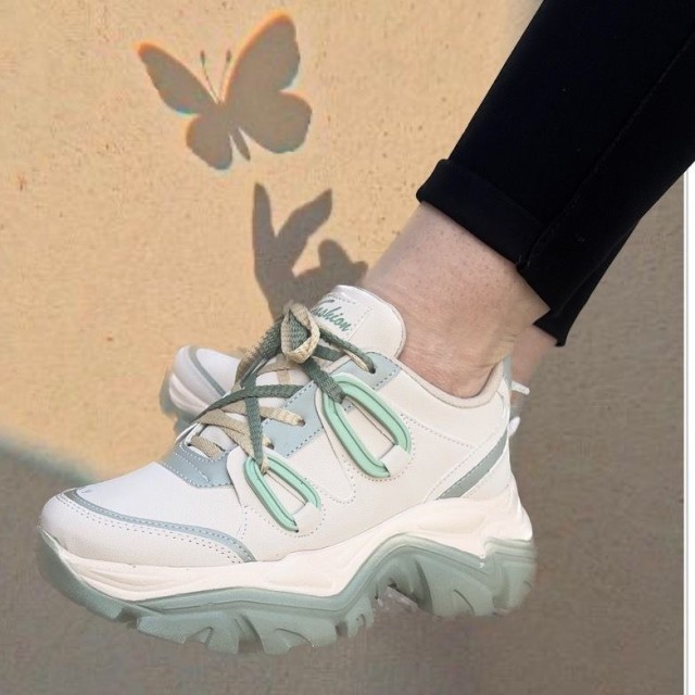 حراج واقعی کفش کتونی اسپرت زنانه دخترانه مدل اشکی  لژدار  کرم سبز  با ارسال رایگان