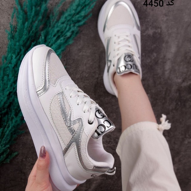 کفش کتونی اسپرت مدل خوشگلمون گوچی زنانه دخترانه لژدار سفید خط نقره ای  با ارسال رایگان 4450