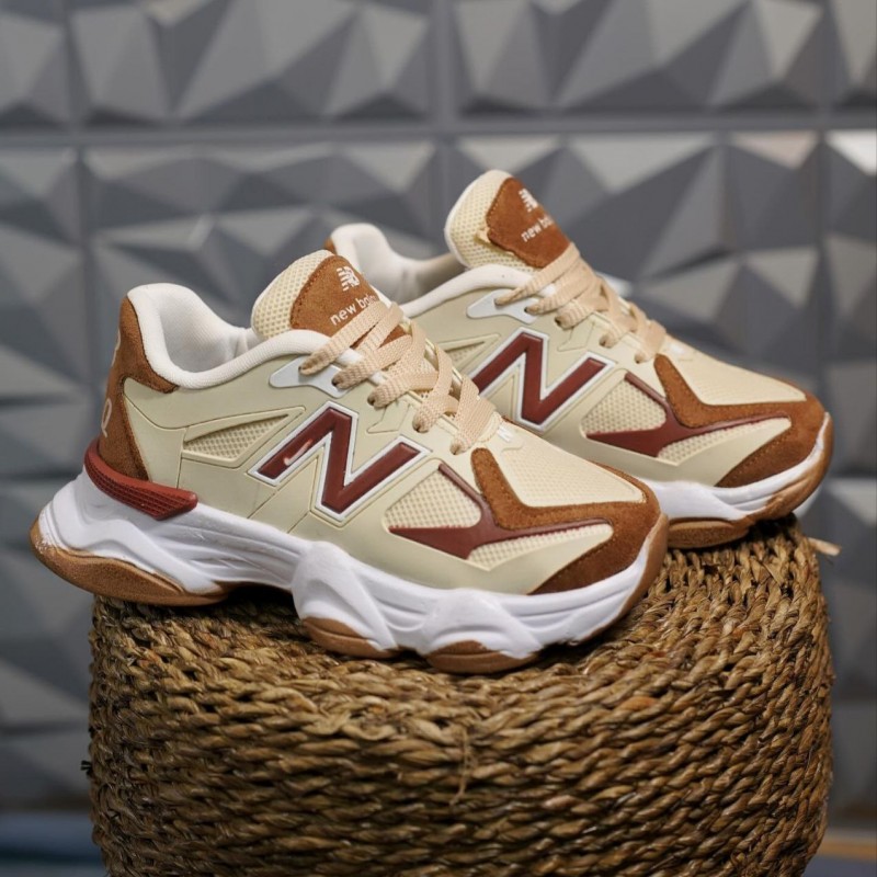 کفش اسپرت نیوبالانس 9060 دخترانه و زنانه، شیک و به‌روز، رنگ کرم و قهوه‌ای، با ارسال رایگان.