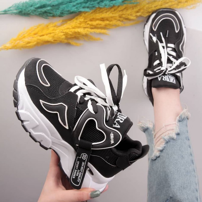 تخفیف ویژه کفش اسپرت دخترانه مدل زارا zara رنگ مشکی زیره سفید  زیره پیو یه کار مدرن و شیک با ارسال رایگان