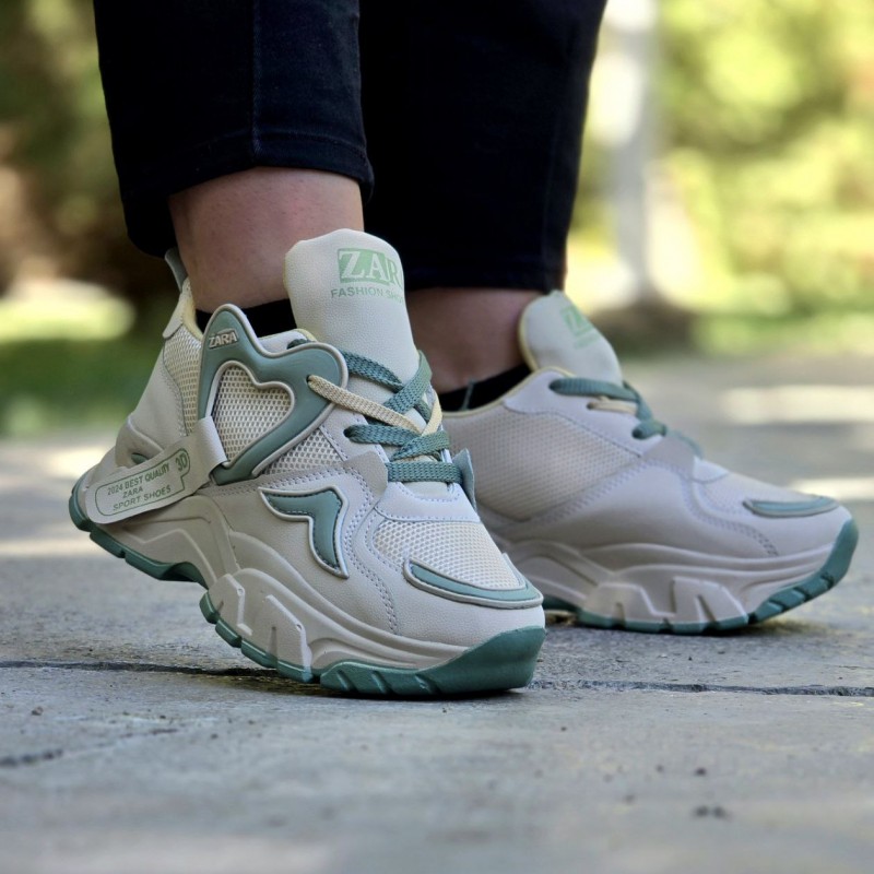 فروش فوق العاده کفش کتونی دخترانه و زنانه مدل زارا  رنگ کرم سبز یه مدل خاص پسند با ارسال رایگان