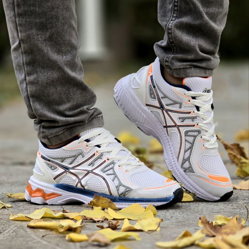 فروش ویژه کفش کتونی اسپرت  مردانه و پسرانه مدل اسیکس رنگ سفید نارنجی  فوق العاده بی نظیر با ارسال رایگان