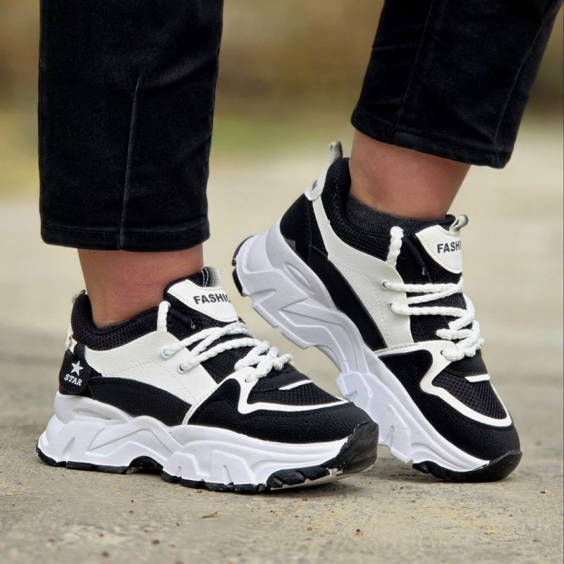 حراج فوق العاده کفش کتونی دخترانه و زنانه مدل فشیون رنگ سفید مشکی بی نهایت خوشپا با ارسال رایگان