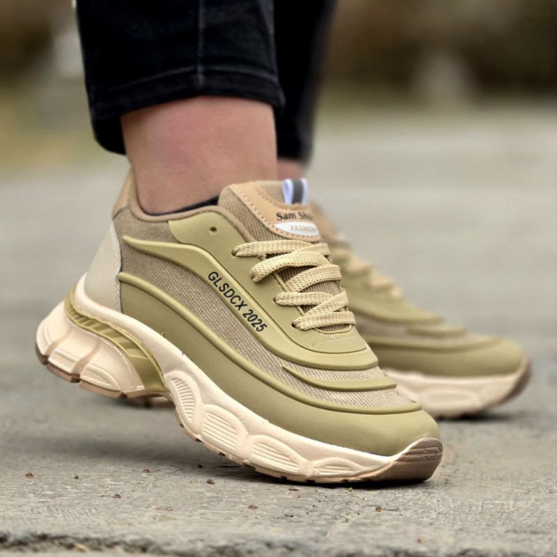 حراج باورنکردنی کفش کتونی دخترانه و زنانه مدل فشیون رنگ کرم زیتونی  زیره پیو راحت و سبک با ارسال رایگان