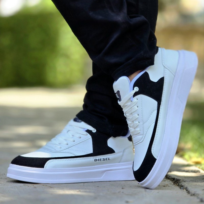 فروش هیجان انگیز کفش کتونی اسپرت مردانه و پسرانه مدل دیزل باکیفیت و جذاب  رنگ سفید مشکی با ارسال رایگان