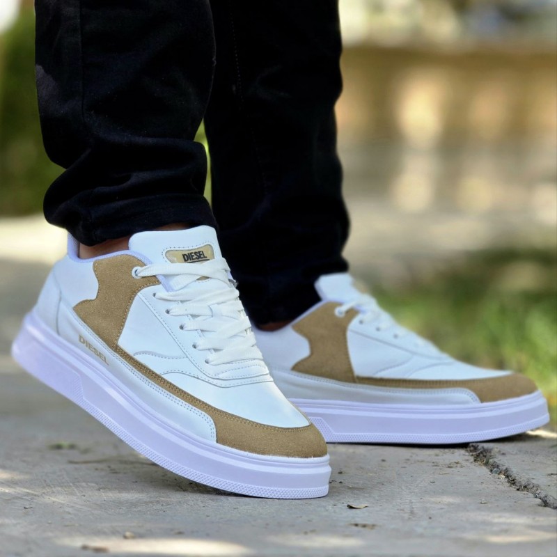 حراج ارزان کفش کتونی اسپرت مردانه و پسرانه مدل دیزل شیک و عالی رنگ سفید کرم با ارسال رایگان