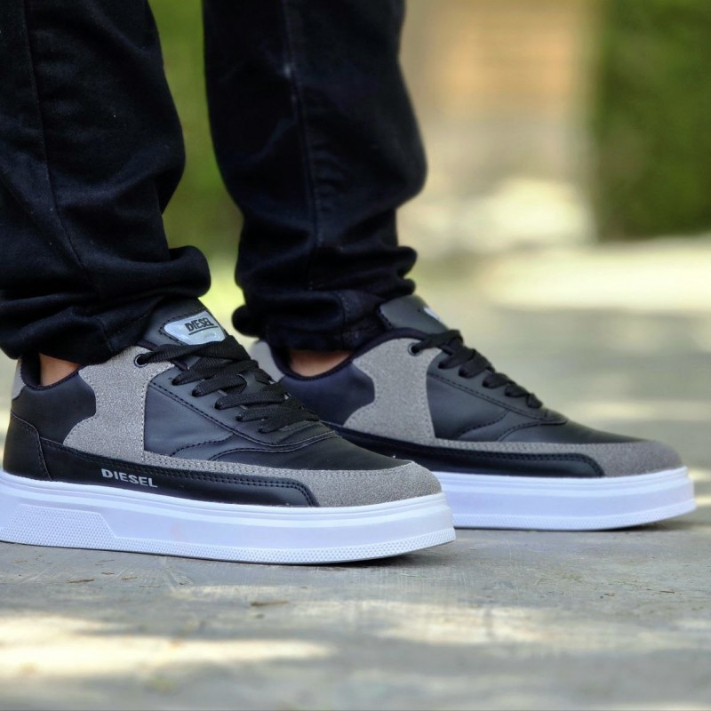 حراج واقعی کفش کتونی اسپرت مردانه و پسرانه مدل دیزل جذاب و منحصر به فرد رنگ مشکی طوسی زیره سفید  با ارسال رایگان