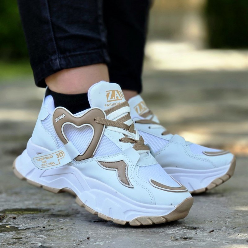فروش فوق العاده کفش اسپرت شیک قلبی مدل زارا zara زنانه دخترانه سبک و  راحت رنگ سفید قهوه ای با ارسال رایگان