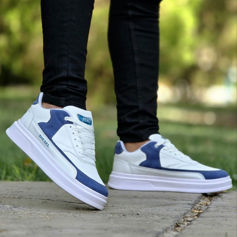 فروووش کفش کتونی اسپرت مردانه و پسرانه مدل دیزل زیبا وسبک رنگ سفید آبی  با ارسال رایگان