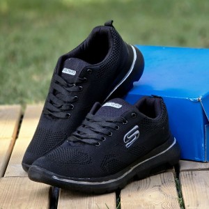 حرااج هیجان انگیز کفش کتونی اسپرت مردانه و پسرانه مدل اسکیچرز بزرگپا  محکم و بادوام رنگ مشکی زیره سفید با ارسال رایگان