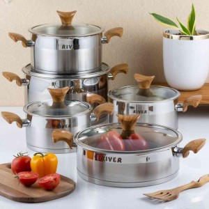 سرویس قابلمه 10 پارچه استیل ریور با دسته طرح چوب