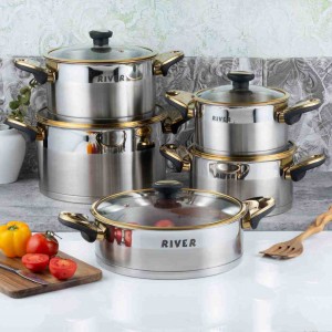 سرویس قابلمه 10 پارچه استیل ریور دسته و قپه باکالیت- استیل طلایی