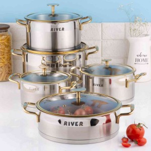 سرویس قابلمه 10 پارچه استیل ریور با دسته و قپه طلایی