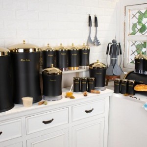 سرویس آشپزخانه 26 پارچه ریور کمر باریک گنبدي مشکی درب طلا