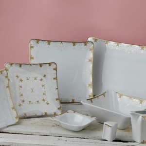 سرویس ۳۰ پارچه چهار گوش چینی طوس(طلا صورتی)