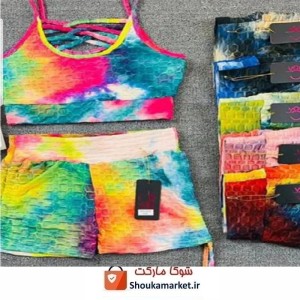 ست لباس ورزشی زنانه تاپ و شلوارکSV-003 طرح آبرنگی