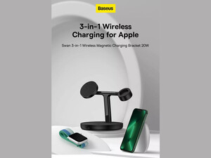 شارژر بی سیم مگنتی رومیزی آیفون 20 وات و پایه نگهدارنده موبایل 3 در 1 بیسوس Baseus Swan 3-in-1 Wireless Magnetic Charging Bracket 20W