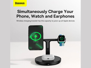 شارژر بی سیم مگنتی رومیزی آیفون 20 وات و پایه نگهدارنده موبایل 3 در 1 بیسوس Baseus Swan 3-in-1 Wireless Magnetic Charging Bracket 20W