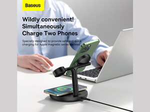 شارژر بی سیم مگنتی رومیزی آیفون 20 وات و پایه نگهدارنده موبایل 3 در 1 بیسوس Baseus Swan 3-in-1 Wireless Magnetic Charging Bracket 20W