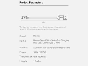 کابل سوپر فست شارژ یو اس بی به تایپ سی 100 وات 1.2 متری بیسوس Baseus Crystal Shine USB to USB-C Cable CAJY000401