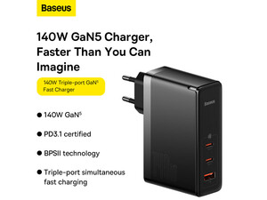 شارژر دیواری سوپر فست شارژ بیسوس Baseus GaN5 Pro Fast Charger 2C+U 140W EU CCGP100201