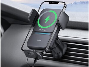 خرید پایه نگهدارنده و شارژر وایرلس موبایل خودرو بیسوس Baseus Wisdom 15W Wireless Charger Air Vent Car Mount Holder CGZX000001