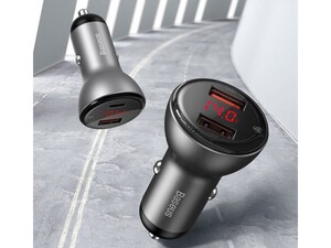 شارژر فندکی سریع دو پورت با کابل شارژ بیسوس Baseus Digital Display PPS Quick Car Charger