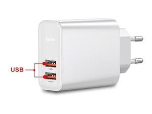 آداپتور دو پورت فست شارژ 30 وات بیسوس Baseus BS-EU906 USB-A Quick Travel Charger