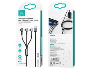 خرید کابل شارژ سریع و انتقال داده سه سر یوسامز 1.2 متری USAMS US-SJ561 U80 66W Elbow Digital Data Cable