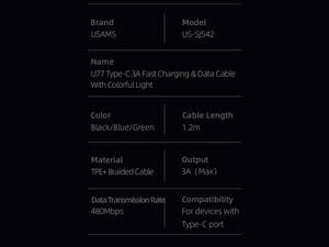 کابل داده و شارژر سریع تایپ‌سی 1.2 متری یوسامز USAMS U77 3A Type-C Fast Charging And Data Cable with Colorful Lights US-SJ542