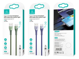 کابل داده و شارژر سریع تایپ‌سی 1.2 متری یوسامز USAMS U77 3A Type-C Fast Charging And Data Cable with Colorful Lights US-SJ542