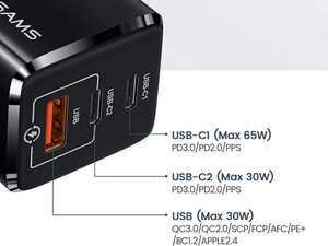 شارژر دیواری سریع یوسامز Usams US-CC135 T33 65W GaN Mini Fast Charger